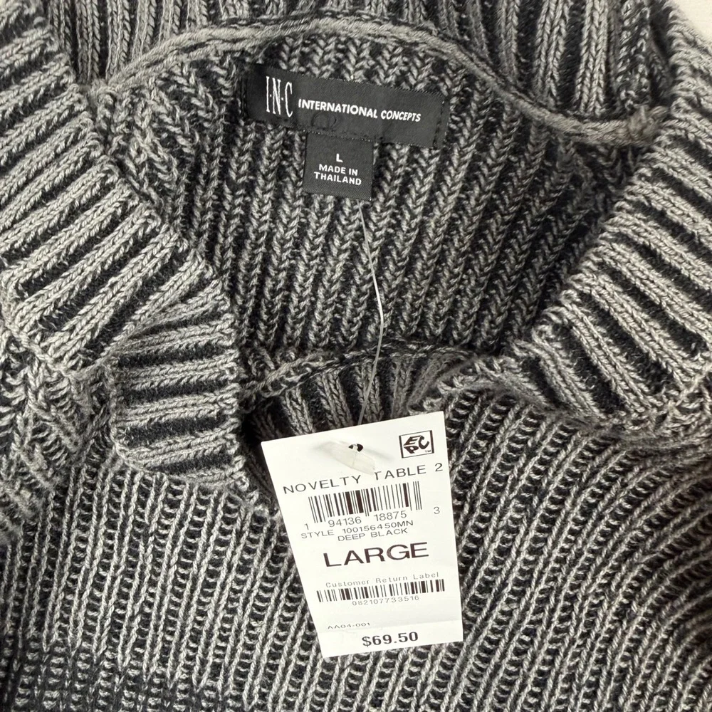 INC International Concepts Mens Large Deep Black Striped Ribbed Knit Sweater NWT